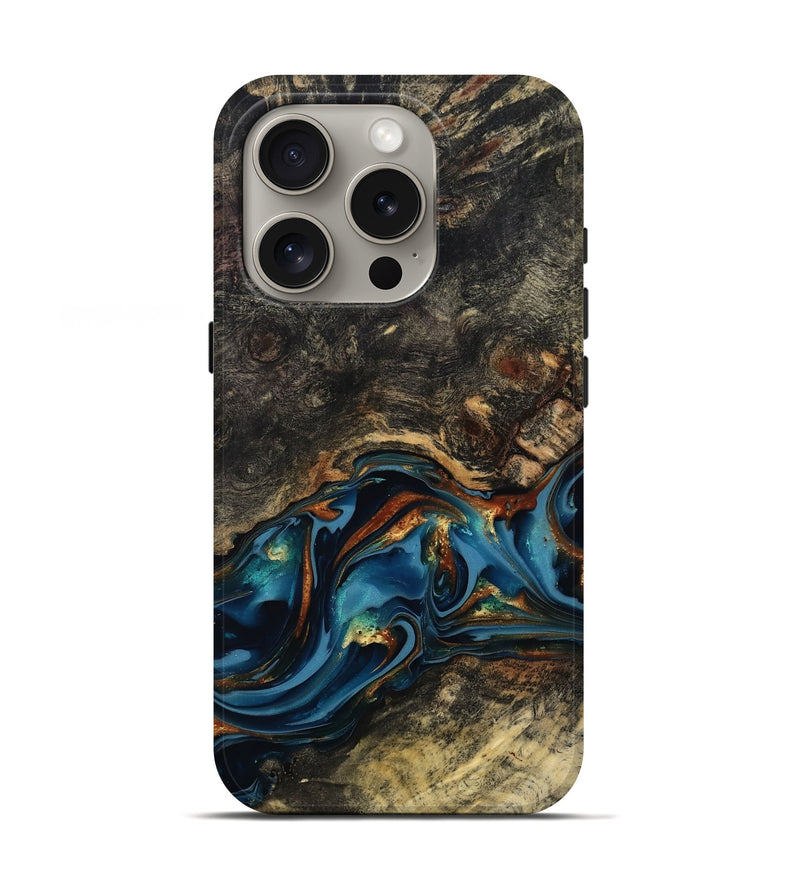 iPhone 16 Pro Wood Live Edge Phone Case - Jordyn (Teal & Gold, 814265)