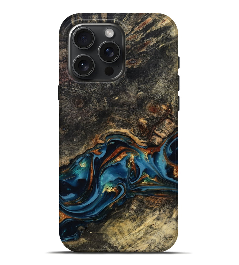 iPhone 16 Pro Max Wood Live Edge Phone Case - Jordyn (Teal & Gold, 814265)