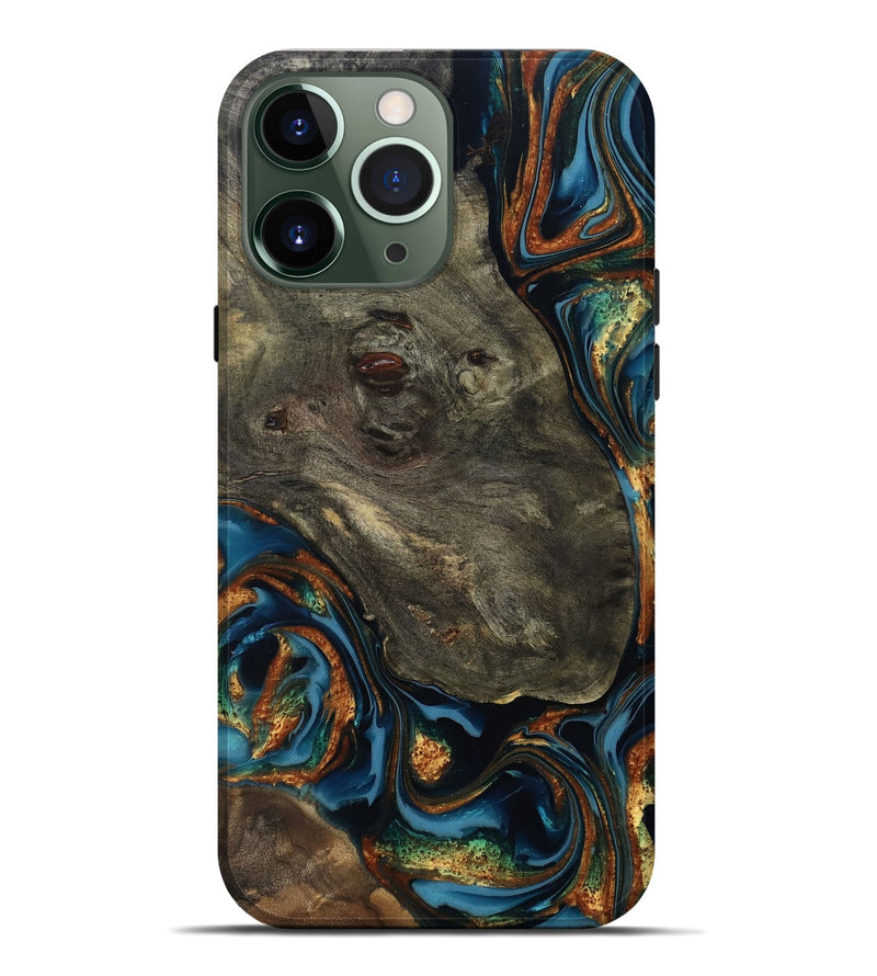 iPhone 13 Pro Max Wood Live Edge Phone Case - Jonnie (Teal & Gold, 814266)