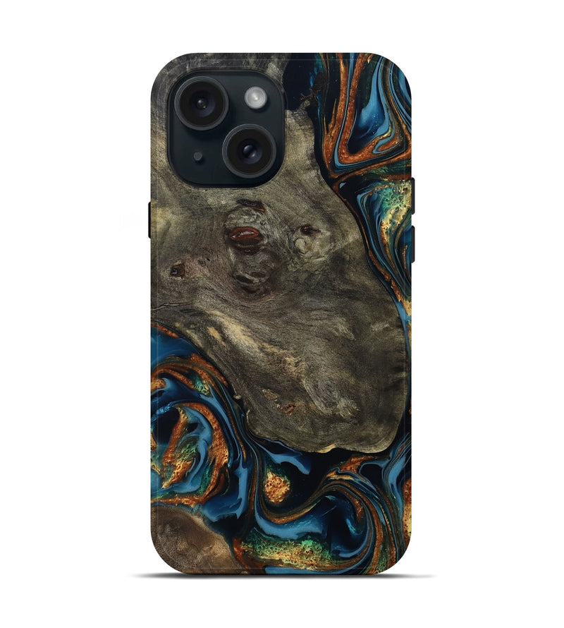 iPhone 15 Wood Live Edge Phone Case - Jonnie (Teal & Gold, 814266)
