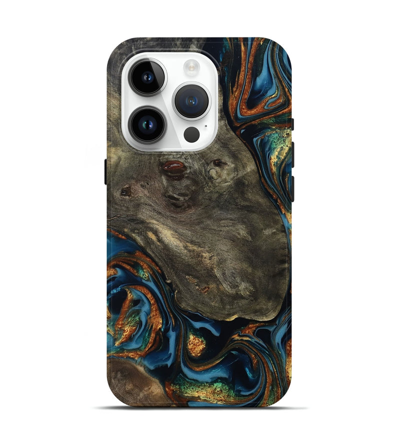 iPhone 15 Pro Wood Live Edge Phone Case - Jonnie (Teal & Gold, 814266)