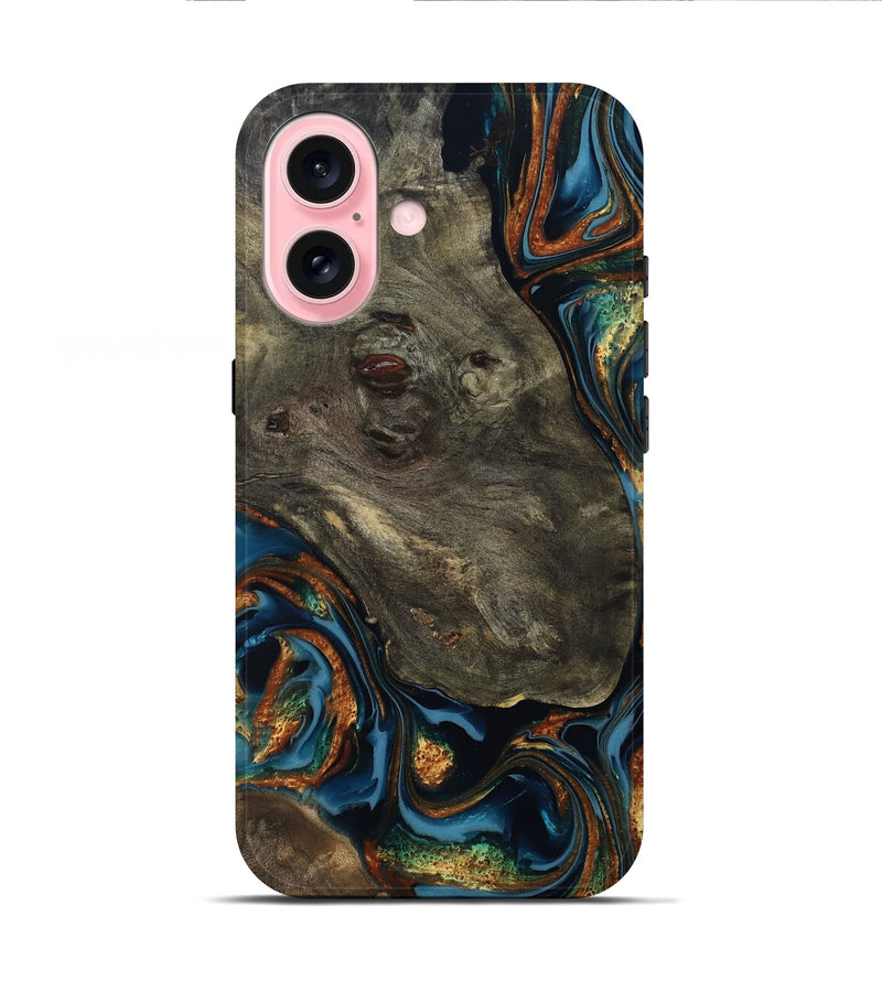 iPhone 16 Wood Live Edge Phone Case - Jonnie (Teal & Gold, 814266)