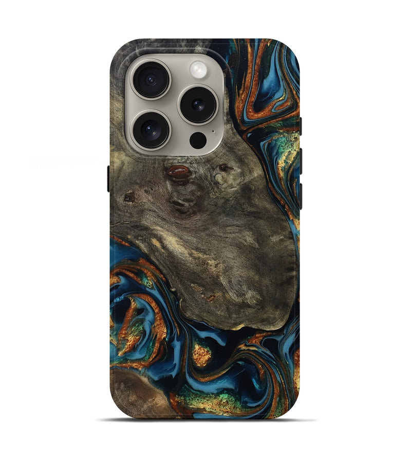 iPhone 16 Pro Wood Live Edge Phone Case - Jonnie (Teal & Gold, 814266)
