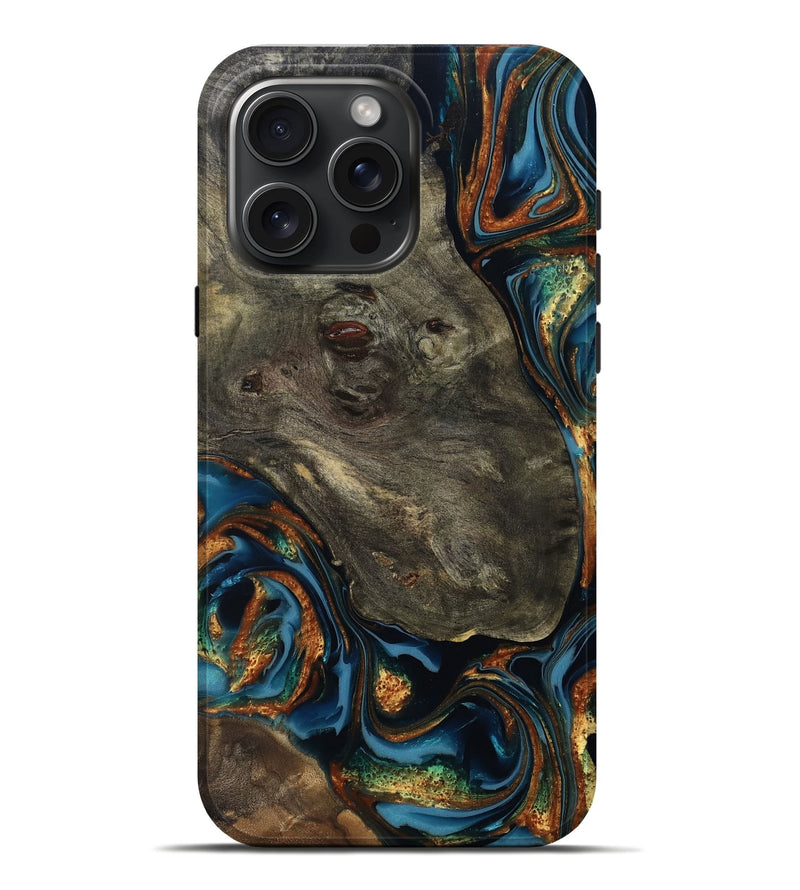 iPhone 16 Pro Max Wood Live Edge Phone Case - Jonnie (Teal & Gold, 814266)
