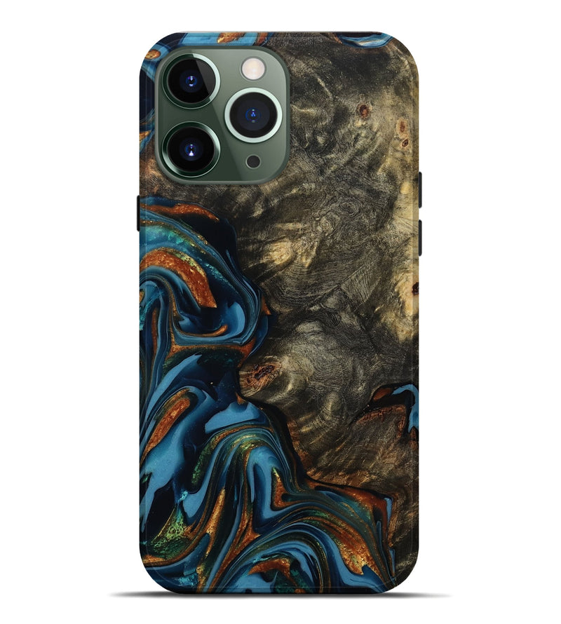 iPhone 13 Pro Max Wood Live Edge Phone Case - Jasmine (Teal & Gold, 814267)