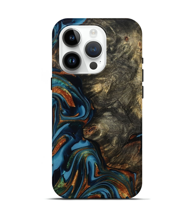 iPhone 15 Pro Wood Live Edge Phone Case - Jasmine (Teal & Gold, 814267)