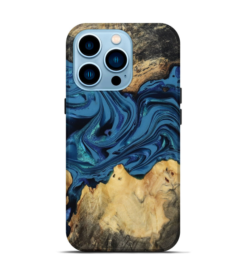 iPhone 14 Pro Wood Live Edge Phone Case - Oral (Blue, 814272)