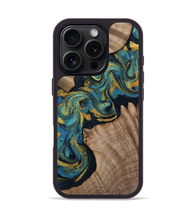 iPhone 16 Pro Wood Phone Case - Aurelio (Teal & Gold, 814288)