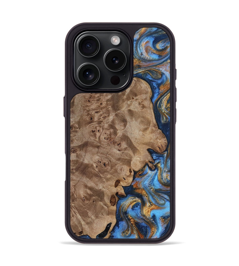 iPhone 16 Pro Wood Phone Case - Lorna (Teal & Gold, 814291)