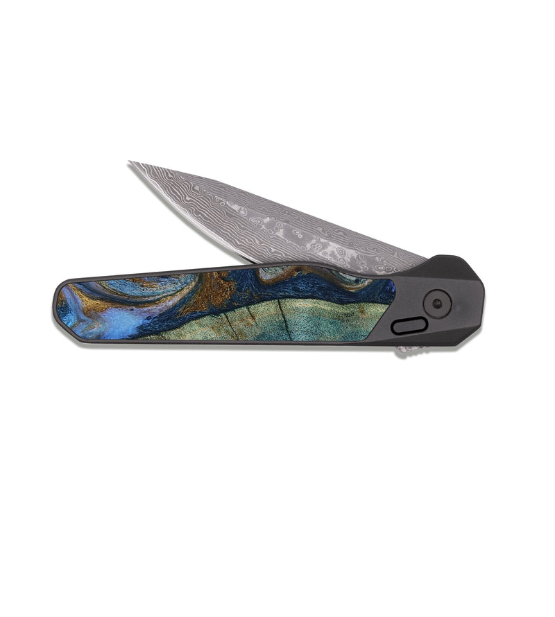 EDC Dark Damascus Wood Pocket Knife - Sariah (Teal & Gold, 814294)