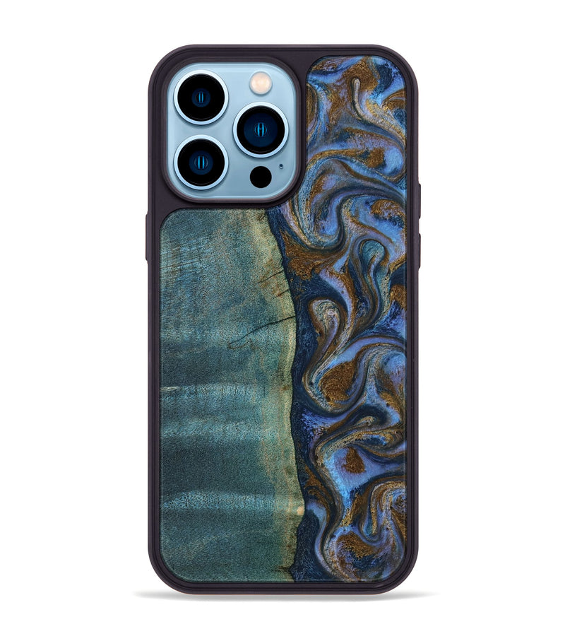 iPhone 14 Pro Max Wood Phone Case - Sariah (Teal & Gold, 814294)
