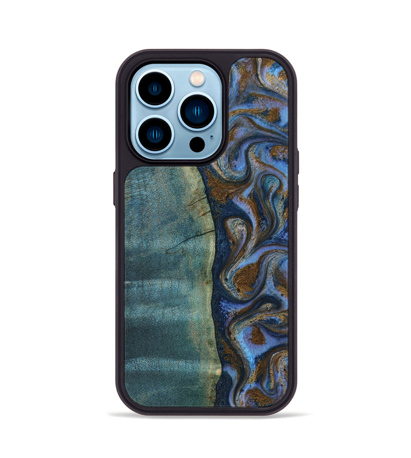 iPhone 14 Pro Wood Phone Case - Sariah (Teal & Gold, 814294)