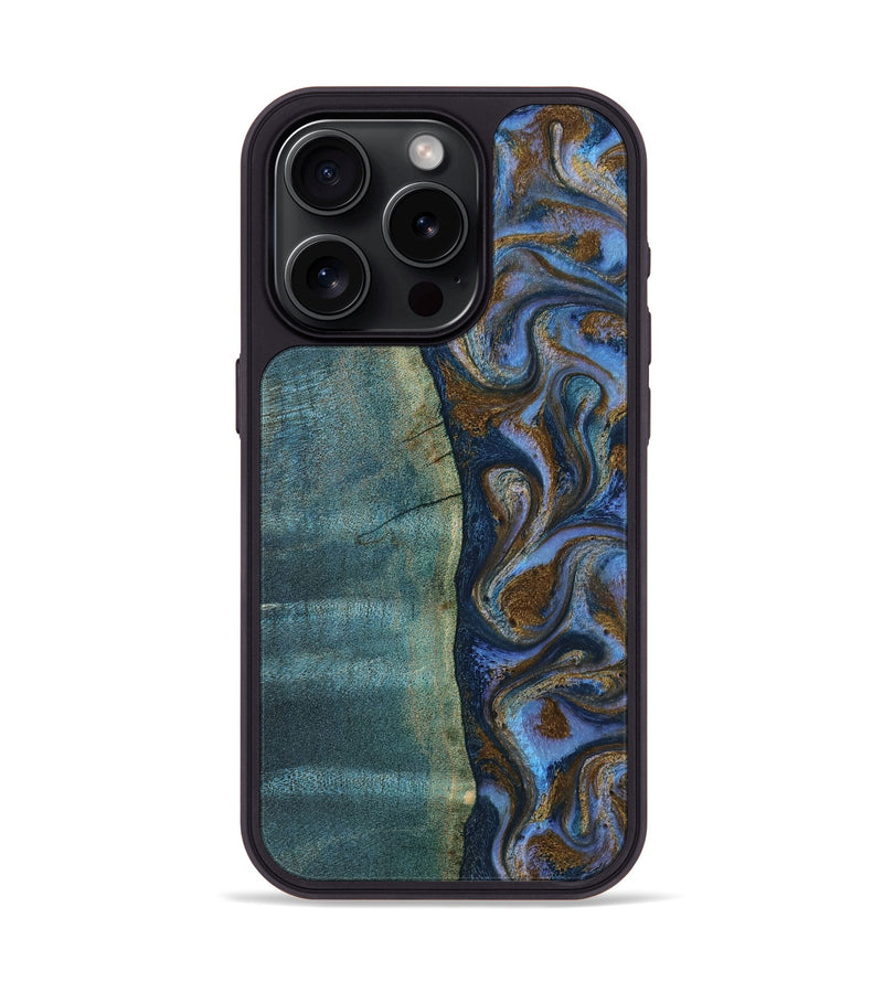 iPhone 15 Pro Wood Phone Case - Sariah (Teal & Gold, 814294)