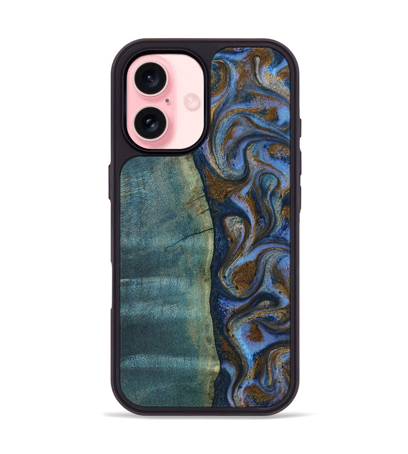 iPhone 16 Wood Phone Case - Sariah (Teal & Gold, 814294)