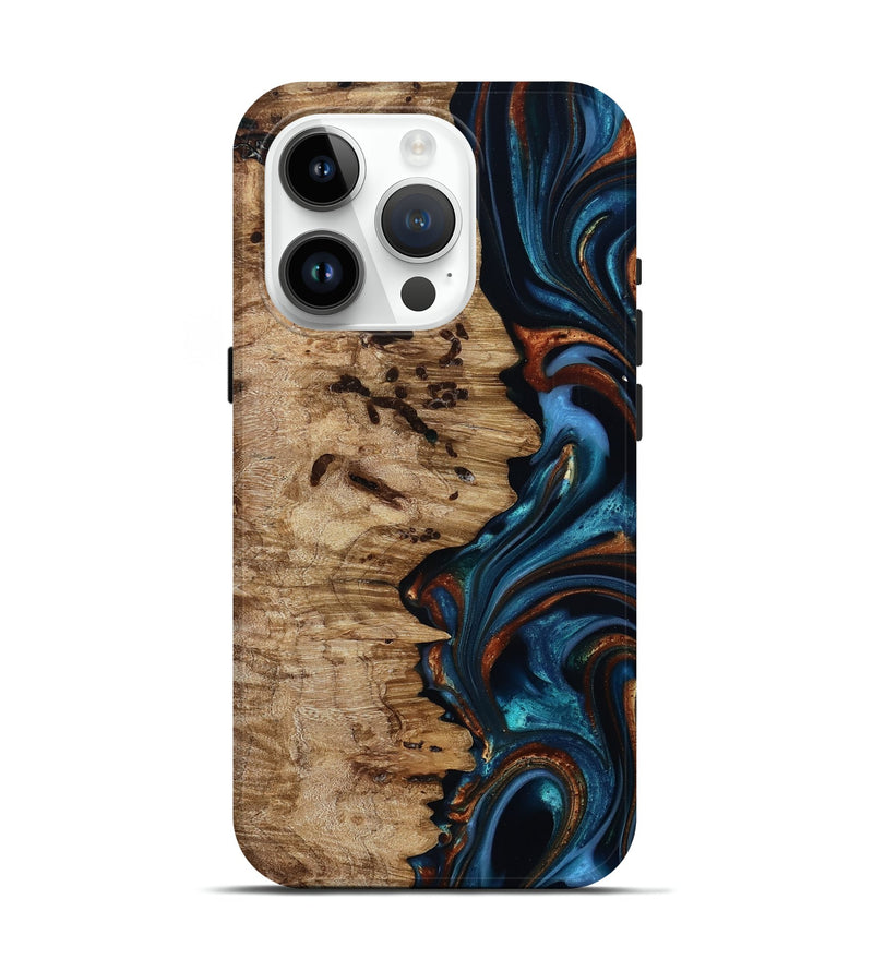 iPhone 15 Pro Wood Live Edge Phone Case - Kiel (Teal & Gold, 814373)