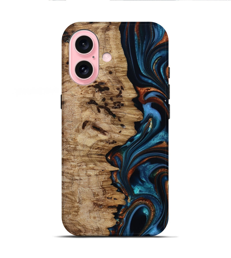 iPhone 16 Wood Live Edge Phone Case - Kiel (Teal & Gold, 814373)