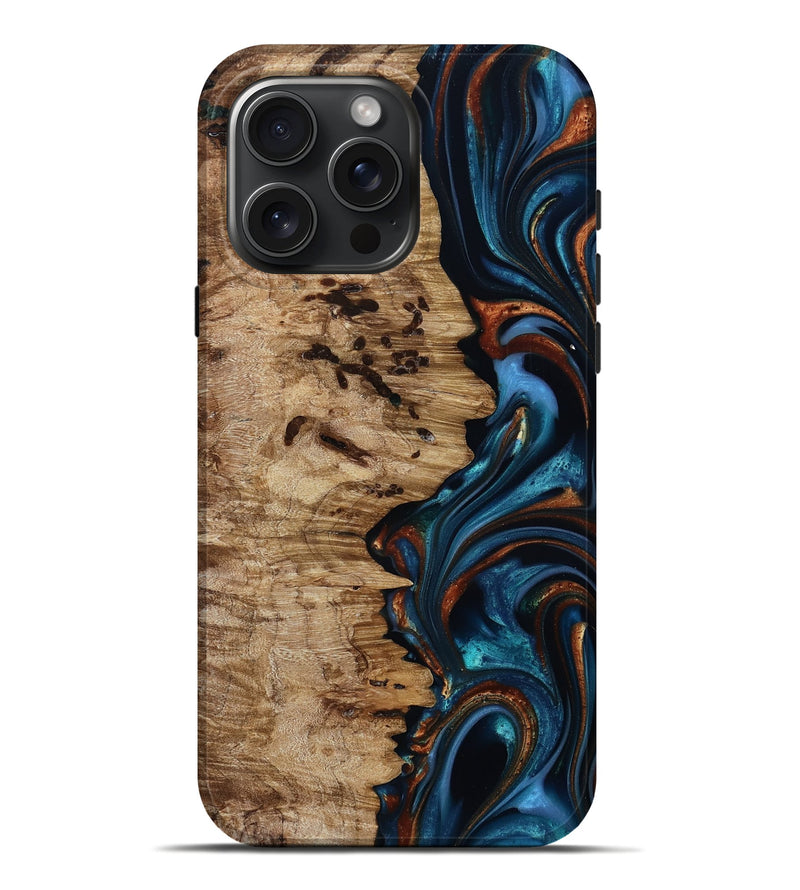 iPhone 16 Pro Max Wood Live Edge Phone Case - Kiel (Teal & Gold, 814373)