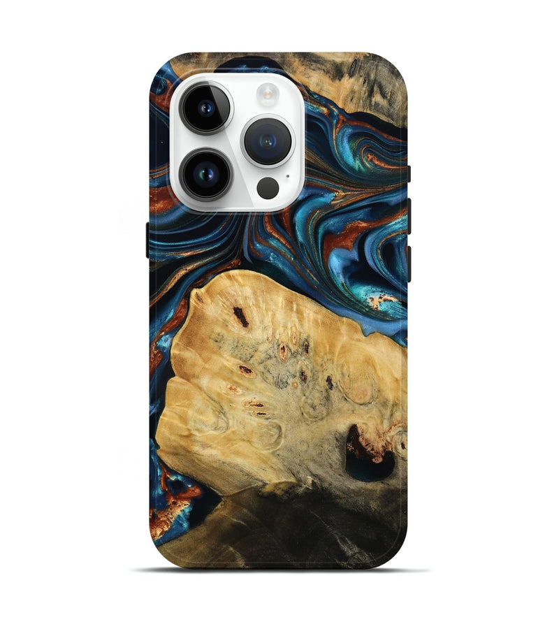 iPhone 15 Pro Wood Live Edge Phone Case - Cadence (Teal & Gold, 814374)