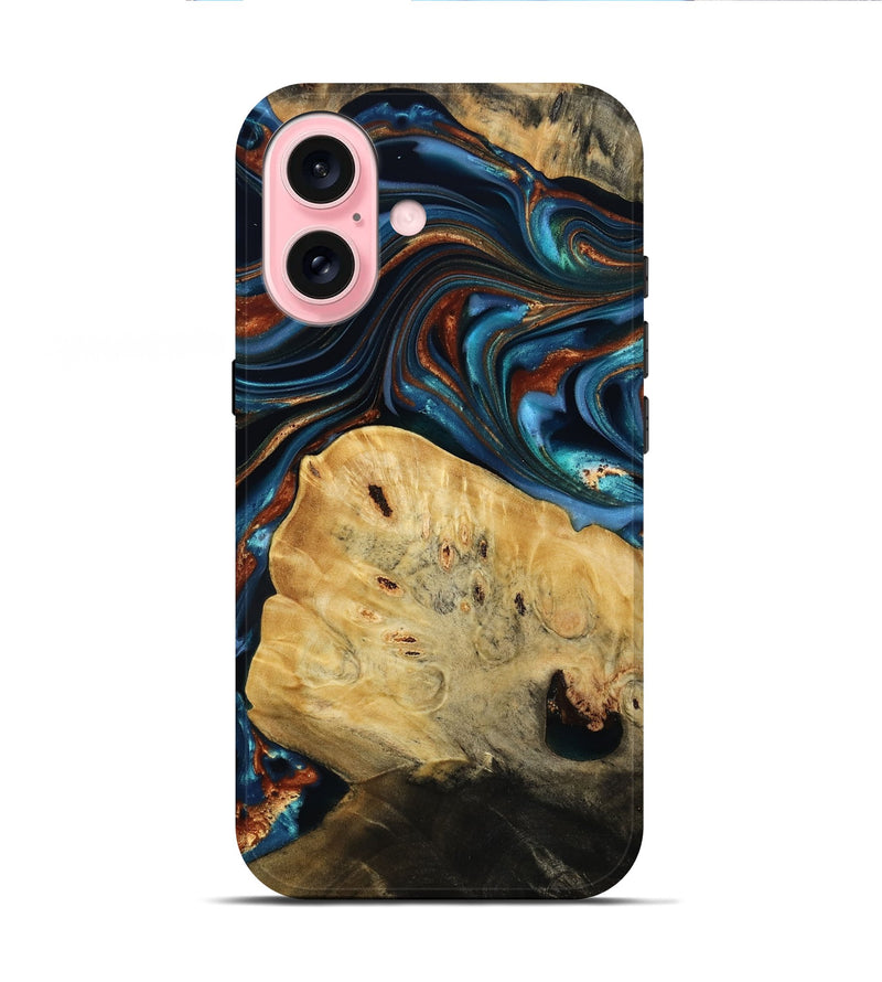 iPhone 16 Wood Live Edge Phone Case - Cadence (Teal & Gold, 814374)