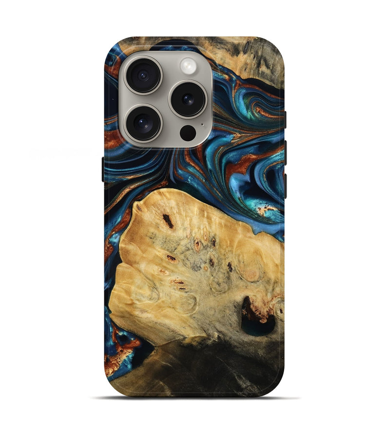 iPhone 16 Pro Wood Live Edge Phone Case - Cadence (Teal & Gold, 814374)
