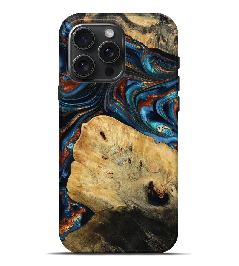 iPhone 16 Pro Max Wood Live Edge Phone Case - Cadence (Teal & Gold, 814374)