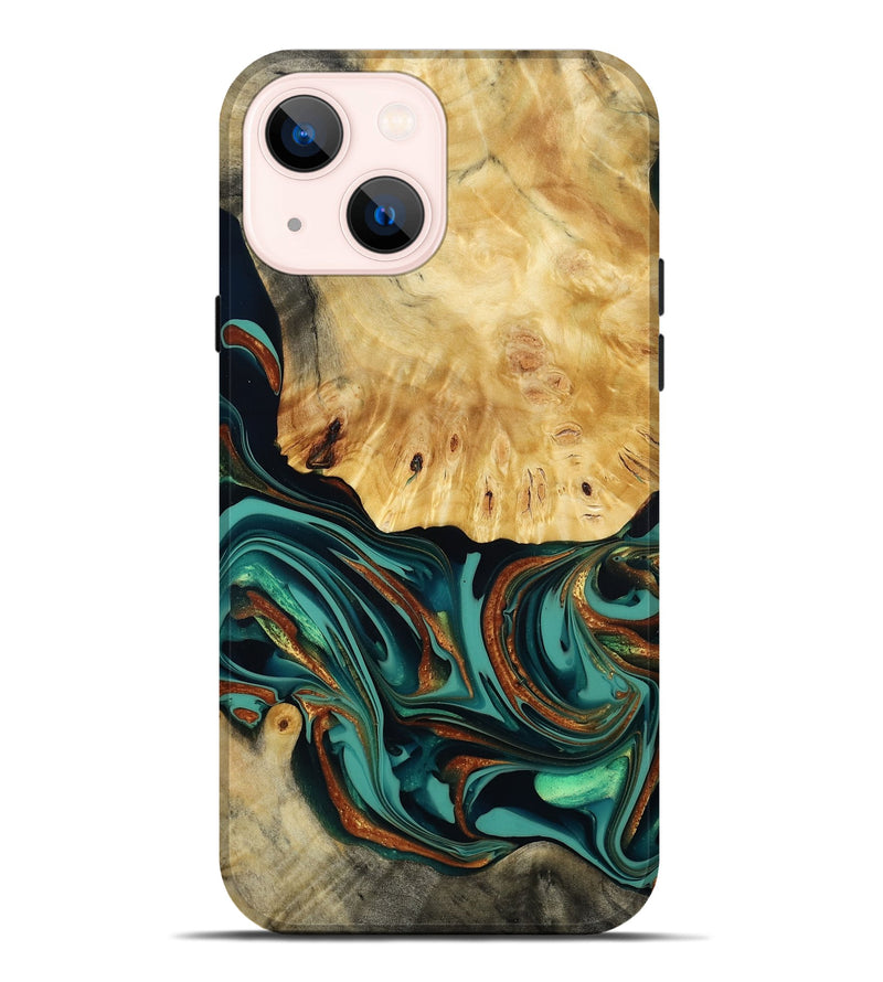 iPhone 14 Plus Wood Live Edge Phone Case - Dick (Teal & Gold, 814376)
