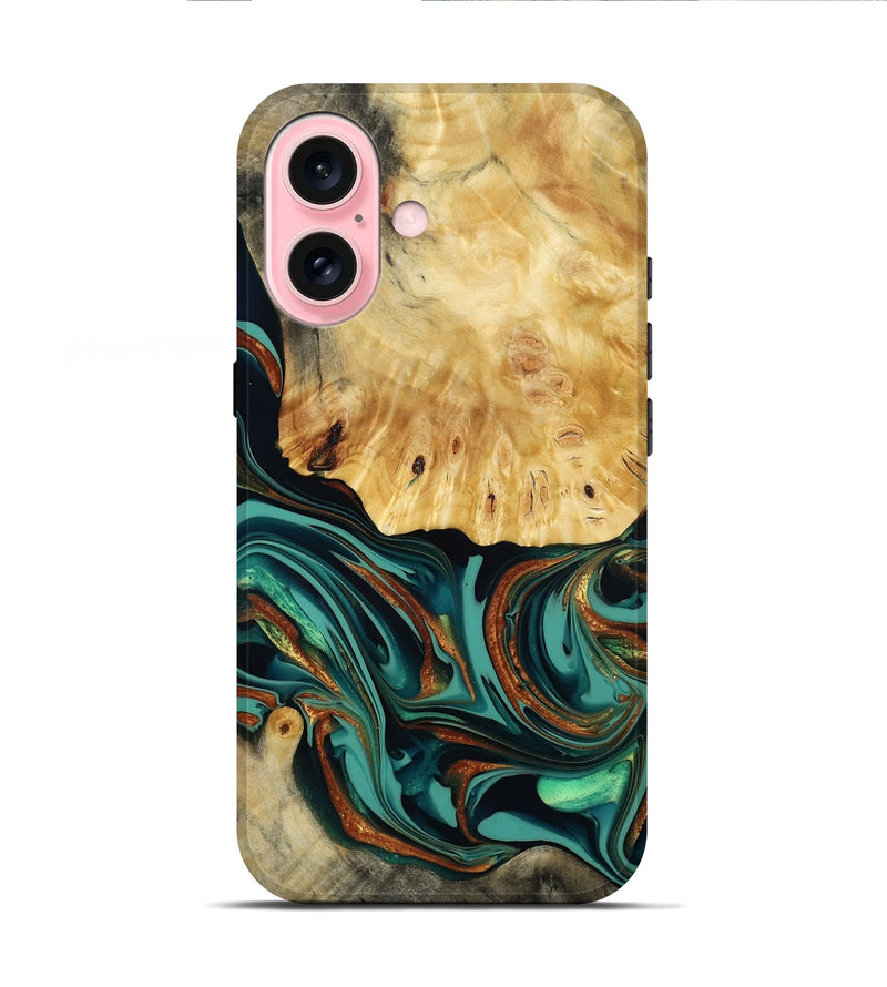 iPhone 16 Wood Live Edge Phone Case - Dick (Teal & Gold, 814376)
