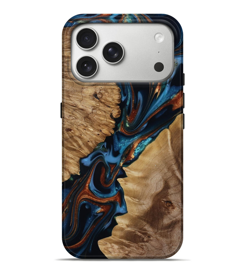 iPhone 17 Pro Max Wood Live Edge Phone Case - Milana (Teal & Gold, 814378)