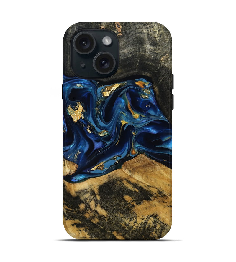 iPhone 15 Wood Live Edge Phone Case - Luke (Teal & Gold, 814379)