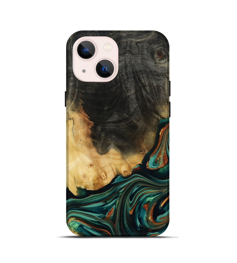iPhone 13 mini Wood Live Edge Phone Case - Boaz (Teal & Gold, 814380)