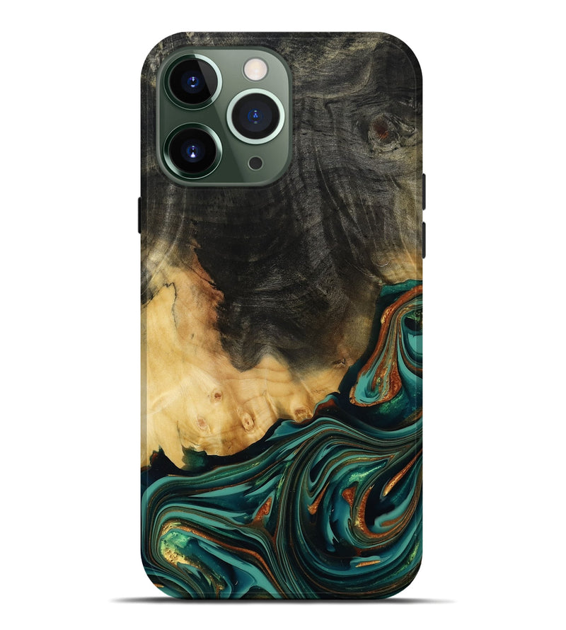 iPhone 13 Pro Max Wood Live Edge Phone Case - Boaz (Teal & Gold, 814380)
