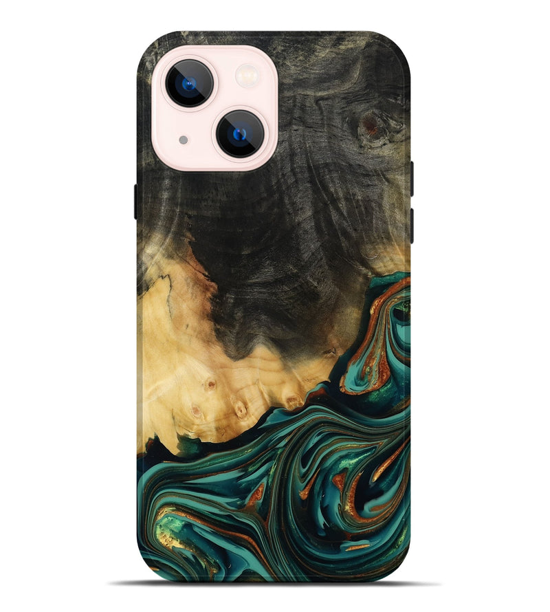 iPhone 14 Plus Wood Live Edge Phone Case - Boaz (Teal & Gold, 814380)