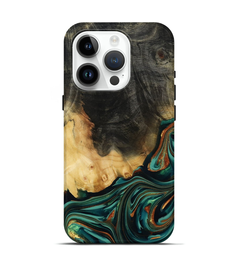 iPhone 15 Pro Wood Live Edge Phone Case - Boaz (Teal & Gold, 814380)