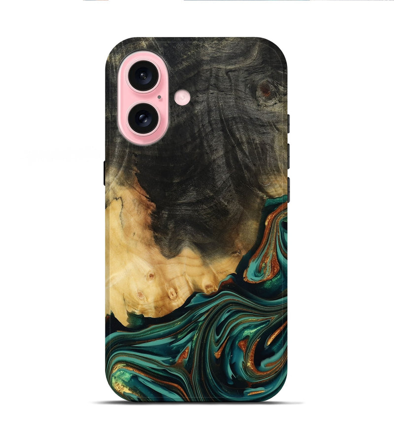 iPhone 16 Wood Live Edge Phone Case - Boaz (Teal & Gold, 814380)