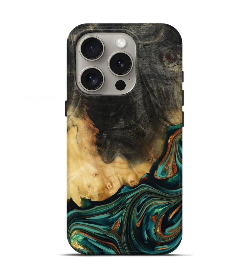 iPhone 16 Pro Wood Live Edge Phone Case - Boaz (Teal & Gold, 814380)