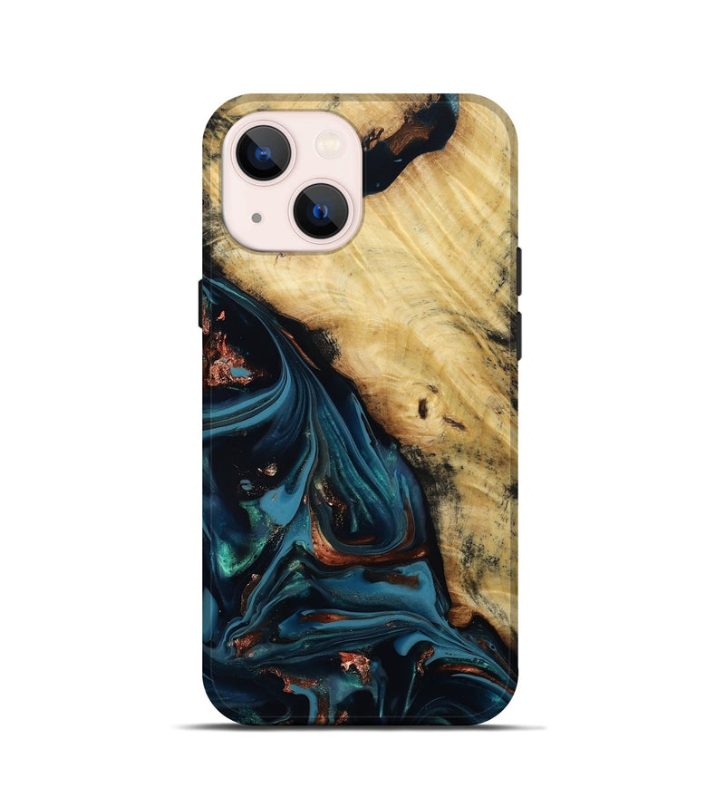 iPhone 13 mini Wood Live Edge Phone Case - Kelvin (Teal & Gold, 814381)