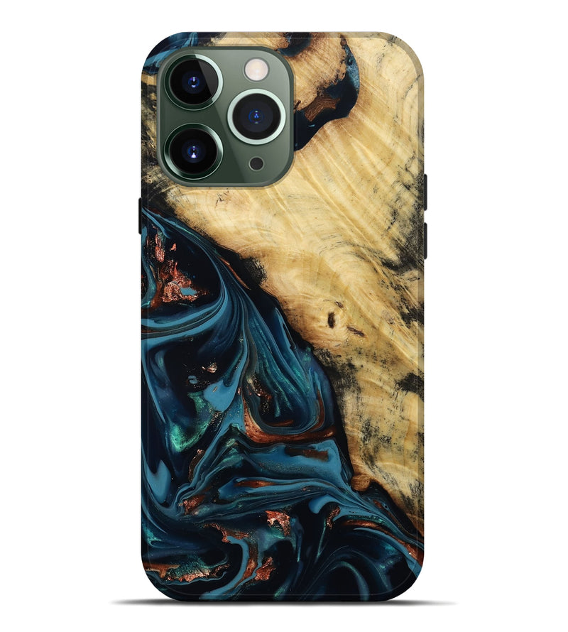 iPhone 13 Pro Max Wood Live Edge Phone Case - Kelvin (Teal & Gold, 814381)