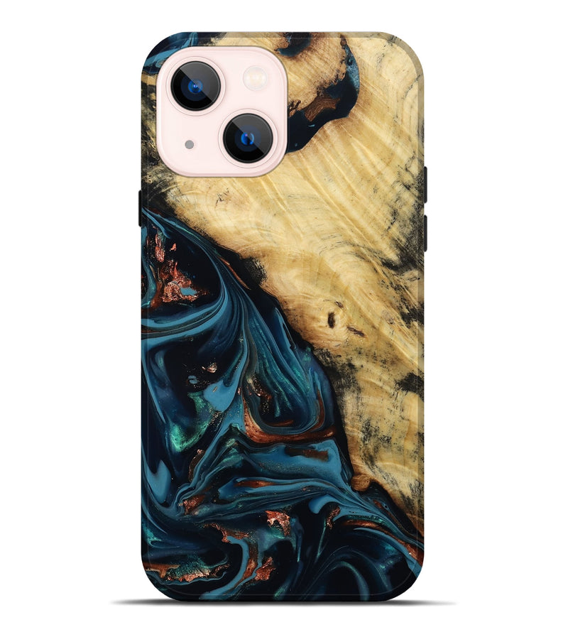 iPhone 14 Plus Wood Live Edge Phone Case - Kelvin (Teal & Gold, 814381)