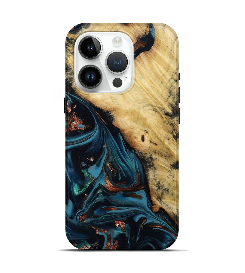 iPhone 15 Pro Wood Live Edge Phone Case - Kelvin (Teal & Gold, 814381)