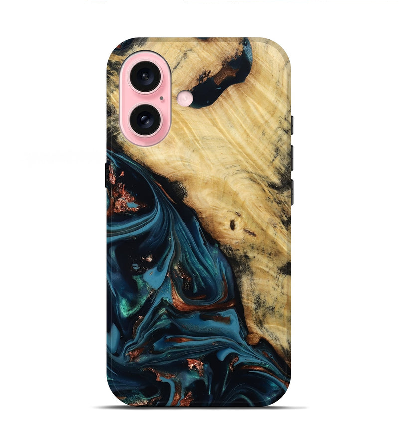 iPhone 16 Wood Live Edge Phone Case - Kelvin (Teal & Gold, 814381)
