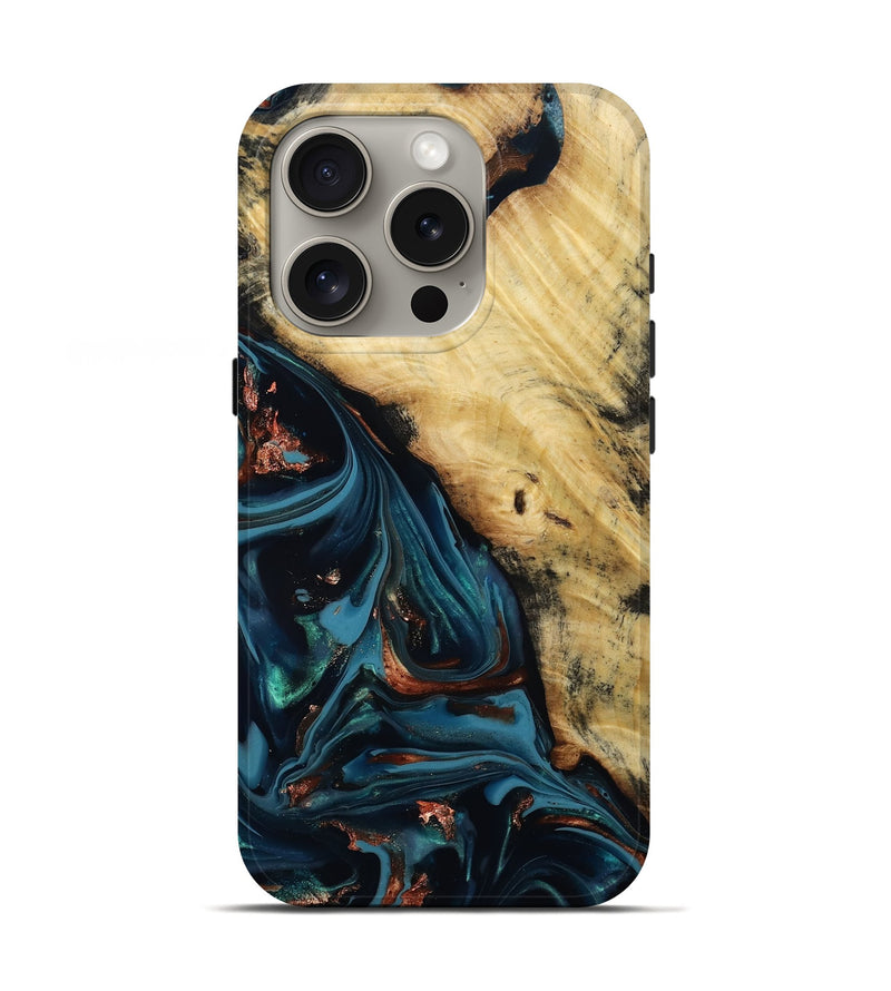 iPhone 16 Pro Wood Live Edge Phone Case - Kelvin (Teal & Gold, 814381)