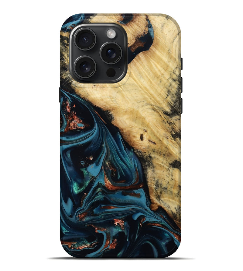 iPhone 16 Pro Max Wood Live Edge Phone Case - Kelvin (Teal & Gold, 814381)