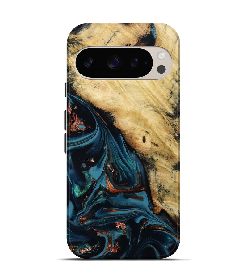 Pixel 9 Wood Live Edge Phone Case - Kelvin (Teal & Gold, 814381)