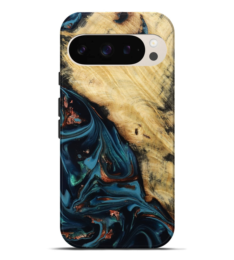 Pixel 9 Pro XL Wood Live Edge Phone Case - Kelvin (Teal & Gold, 814381)