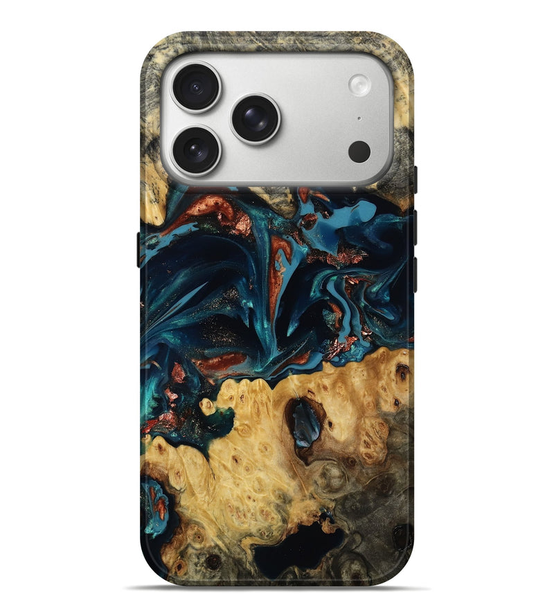 iPhone 17 Pro Max Wood Live Edge Phone Case - Aleta (Teal & Gold, 814387)