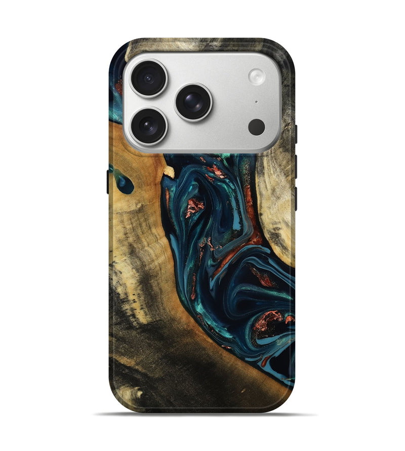 iPhone 17 Pro Wood Live Edge Phone Case - Brenton (Teal & Gold, 814390)