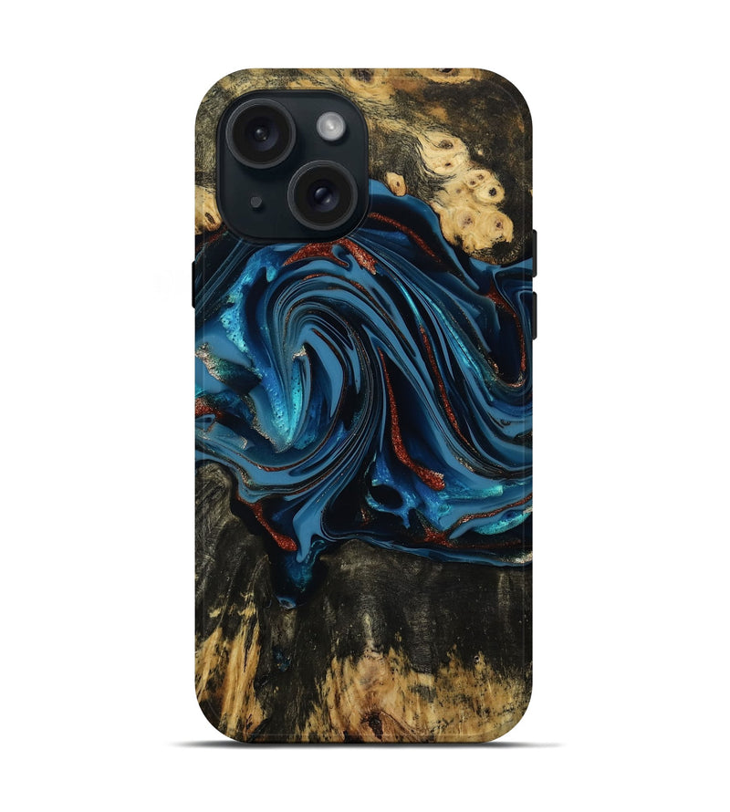 iPhone 15 Wood Live Edge Phone Case - Artis (Teal & Gold, 814398)