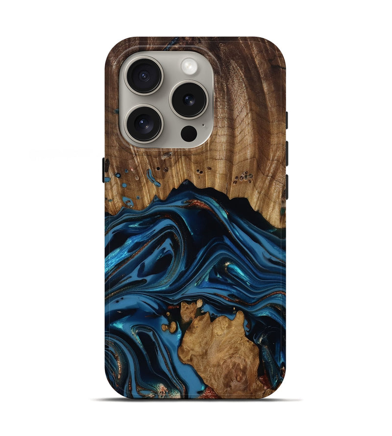 iPhone 16 Pro Wood Live Edge Phone Case - Sierra (Teal & Gold, 814403)