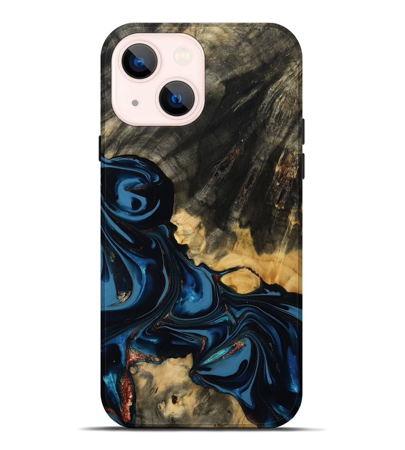 iPhone 14 Plus Wood Live Edge Phone Case - Myra (Teal & Gold, 814404)