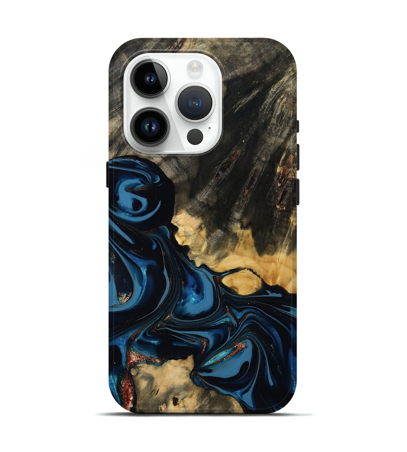 iPhone 15 Pro Wood Live Edge Phone Case - Myra (Teal & Gold, 814404)